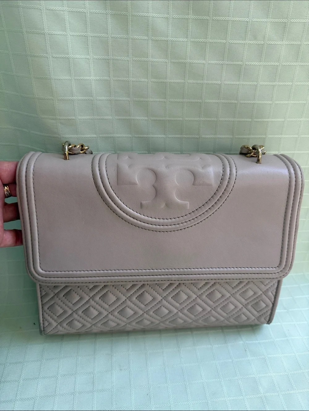 Tory Burch Taupe Leather Fleming Convertible Bag with Tassel and Gold Hardware